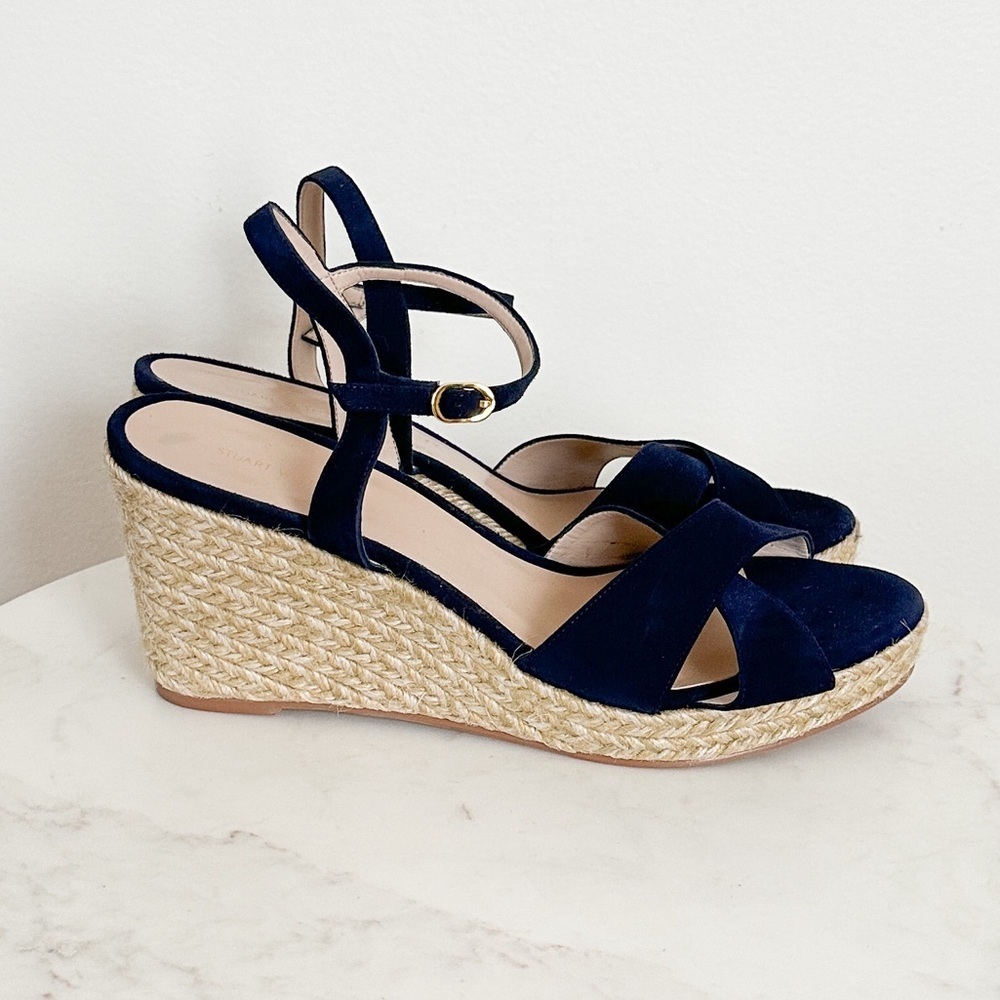 NEW Stuart Weitzman Rosemarie Navy Suede Wedge Espadrille Sandals Size 11.5 - Picture 7 of 8